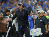 Detroit Lions head coach Dan Campbell reacts to a play during the second half of an NFL football game between the Chicago Bears and the Detr...