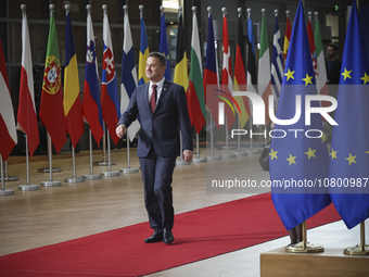 Xavier Bettel  Prime Minister of Luxembourg arrives at the European Council Summit and holds a stand up press briefing ahead of the second d...