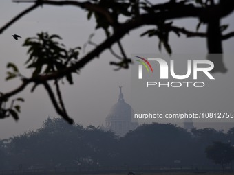 The Victoria Memorial Hall is seen through a haze as air pollution levels rise in Kolkata, India, on November 27, 2023. (