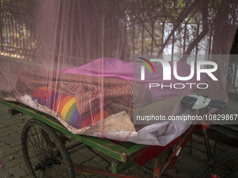 Lower-income individuals are sleeping inside a mosquito net on a van to protect themselves from dengue in Dhaka, Bangladesh, on December 4,...