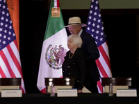 Ken Salazar, the US Ambassador to Mexico, and Janet Yellen, the US Treasury Secretary, are arriving at the Museo Interactivo de Economia in...