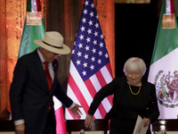Ken Salazar, the US Ambassador to Mexico, and Janet Yellen, the US Treasury Secretary, are arriving at the Museo Interactivo de Economia in...