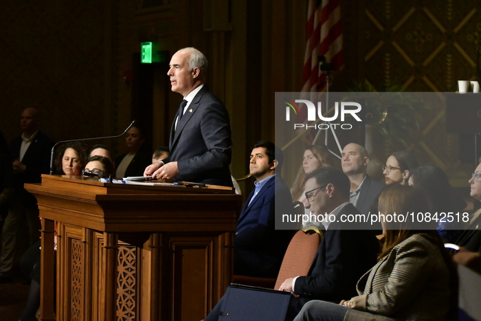 U.S. Senator Bob Casey is speaking during a rally against antisemitism at Rodeph Shalom Synagogue in Philadelphia, PA, USA, on December 10,...
