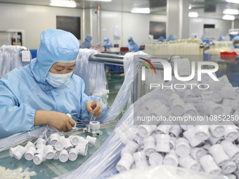 Workers are making medical infusion sets for export in a workshop in Huai'an City, Jiangsu Province, China, on December 14, 2023. (
