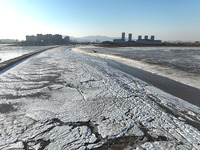 A large area of sea ice is forming along the coast of Lianyungang City, north of Haizhou Bay, in Jiangsu Province, China, on December 21, 20...