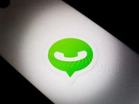 The WhatsApp logo is being displayed on a smartphone screen in Athens, Greece, on December 24, 2023. (