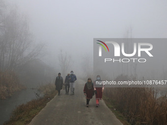 Children are walking along a road in the interiors of Dal Lake amid a cold and foggy day in Srinagar, Kashmir, India, on December 26, 2023....
