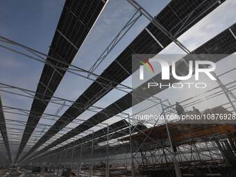 Workers are installing solar monocrystalline silicon panels at the ''photovoltaic power generation + agricultural planting'' park in Liyao t...