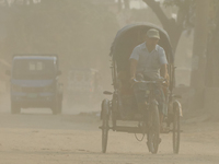A rickshaw and a commuter are seen on a dusty and heavily polluted road in Dhaka, Bangladesh, in December 2023. (