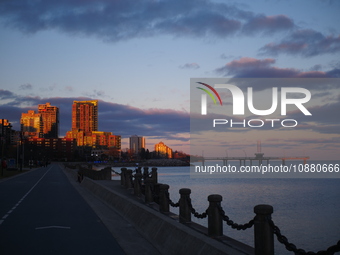 A scenic view of the waterfront from Spencer Smith Park is being captured during the sunset in Burlington, Ontario, Canada, on December 19,...