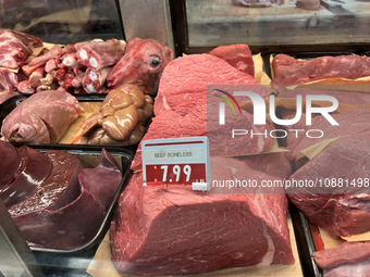 Meat is on display at a grocery store in Richmond Hill, Ontario, Canada, on September 23, 2023. Rising housing costs and an 11.4 percent inc...