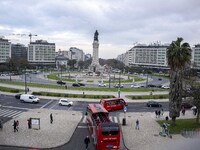 An aerial view is showing the Marques de Pombal monument near Eduardo VII Park in Lisbon, Portugal, on December 30, 2023. (