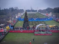 An aerial view is showing the Christmas fair on the grounds of Eduardo VII Park in Lisbon, Portugal, on December 30, 2023. (