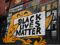 A graffiti mural is supporting the Black Lives Matter movement in an alley in downtown Toronto, Ontario, Canada, on August 5, 2023. (