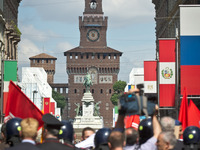 The demonstrators during the italian first president Matteo Renzi in Milan for EXPO, on May 13, 2014. (