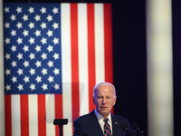 U.S. President Joseph Biden is delivering his address, criticizing former President Donald Trump, during a campaign event at Montgomery Coun...