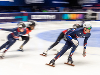 Westley Yates (R) is competing in the men's 5000m relay event on the third day of the European Short Track Championships in Gdansk, Poland,...