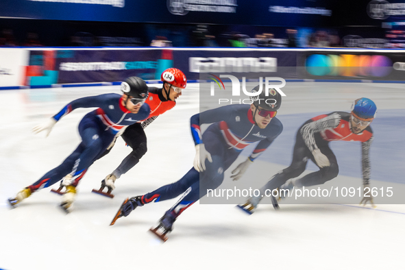 Theo Collins is competing in the 5000m relay men's event on the third day of the European Short Track Championships in Gdansk, Poland, on Ja...