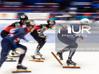 Wesley Yates (R) is competing in the men's 5000m relay event on the third day of the European Short Track Championships in Gdansk, Poland, o...