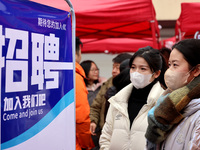 Job seekers are checking job postings at the 2024 job fair in Zaozhuang, East China's Shandong province, on January 17, 2024. (