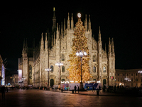The Duomo Cathedral is standing in Duomo Square, Milan, Italy, during the Christmas period, on December 21, 2023. (