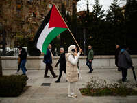 A protester is carrying a Palestinian flag in support of Palestine and against the Israeli government's actions in the Gaza Strip during a d...