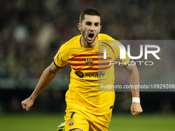 Ferran Torres left winger of Barcelona and Spain celebrates after scoring his sides second goal during the LaLiga EA Sports match between Re...
