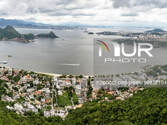 An aerial view is being captured from the City Park in Niteroi, showing Rio de Janeiro (upper left) and Niteroi (right) in Brazil, on Januar...