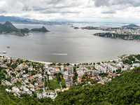 An aerial view is being captured from the City Park in Niteroi, showing Rio de Janeiro (upper left) and Niteroi (right) in Brazil, on Januar...