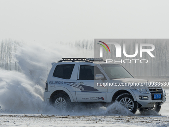 An off-road enthusiast is driving on the Liaohe Beach in Kangping County, Shenyang, China, on January 21, 2024. (