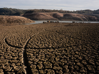 The Sau reservoir is showing cracks as it reaches its historic minimum in Osona, Spain, on January 22, 2024. At 5% of its capacity, the rese...
