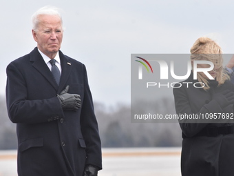 US President Joe Biden and US First Lady Jill Biden are participating in the dignified transfer of the three soldiers killed in a drone atta...