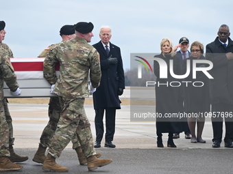 US President Joe Biden and US First Lady Jill Biden are participating in the dignified transfer of the three soldiers killed in a drone atta...