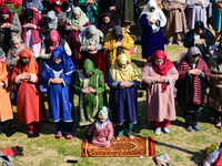 People are praying at the Hazratbal shrine on the day of Mehraj ul Alam in Srinagar, Indian Administered Kashmir, on February 8, 2024. (