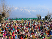 People are praying at the Hazratbal shrine on the day of Mehraj ul Alam in Srinagar, Indian Administered Kashmir, on February 8, 2024. (