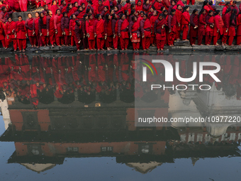 Nepali Hindu devotees are performing rituals on the embankment of the Bagmati River in Kathmandu, Nepal, on February 9, 2024, as part of the...