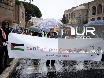 Demonstrators are marching through the central streets of Rome, Italy, on February 10, 2024 to demand an immediate ceasefire in Gaza. (