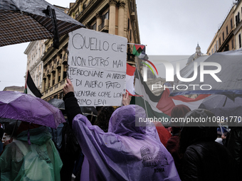 Demonstrators are marching through the central streets in Rome, Italy, on February 10, 2024, demanding an immediate ceasefire in Gaza. (