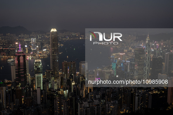 A general view is showing the Hong Kong skyline from the Peak in Hong Kong, on February 11, 2024. This is the first Lunar New Year fireworks...