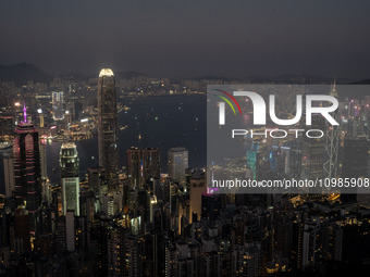 A general view is showing the Hong Kong skyline from the Peak in Hong Kong, on February 11, 2024. This is the first Lunar New Year fireworks...