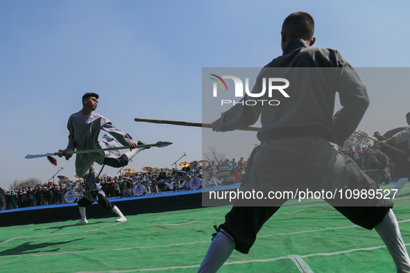 Nepali students are performing Kung-Fu in Kathmandu, Nepal, on the occasion of Chinese New Year, with a cultural fair at Tundikhel on Februa...