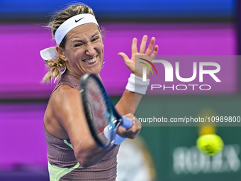 Victoria Azarenka from Belarus is playing in her first-round match against Magdalena Frech of Poland at the WTA 1000-Qatar TotalEnergies Ope...