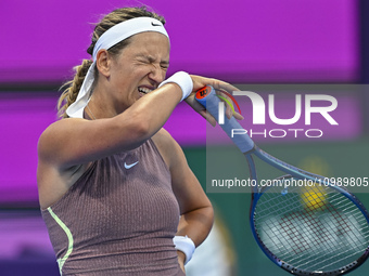 Victoria Azarenka of Belarus is reacting during her first-round match against Magdalena Frech of Poland at the WTA 1000-Qatar TotalEnergies...