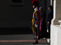 Argentinian President Javier Milei is arriving at the San Damaso courtyard in The Vatican to meet with Pope Francis on February 12, 2024. (