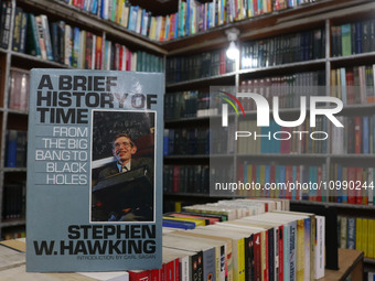 ''A 'Brief History Of Time' by Stephen W. Hawking is being displayed for sale at the 'Bestseller' bookshop in Srinagar, Kashmir, India, on F...