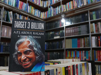 In Srinagar, Kashmir, India, on February 12, 2024, the book 'Target 3 Billion,' written by A. P. J. Abdul Kalam and Srijan Pal Singh, is bei...