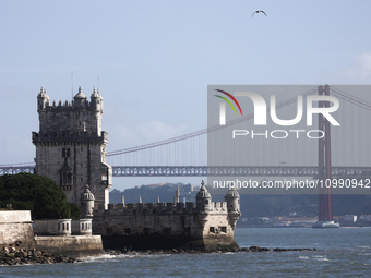 A view of the Belem Tower and 25 de Abril Bridge in Lisbon, Portugal on February 12, 2024. (