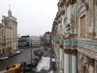 A nineteenth-century architectural monument is being damaged by Russian shelling in the center of Kharkiv, northeastern Ukraine, on February...