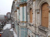A nineteenth-century architectural monument is being damaged by Russian shelling in the center of Kharkiv, northeastern Ukraine, on February...