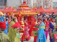 Folk artists are performing Yangko at a folk art exhibition in Yantai, China, on February 23, 2024. (